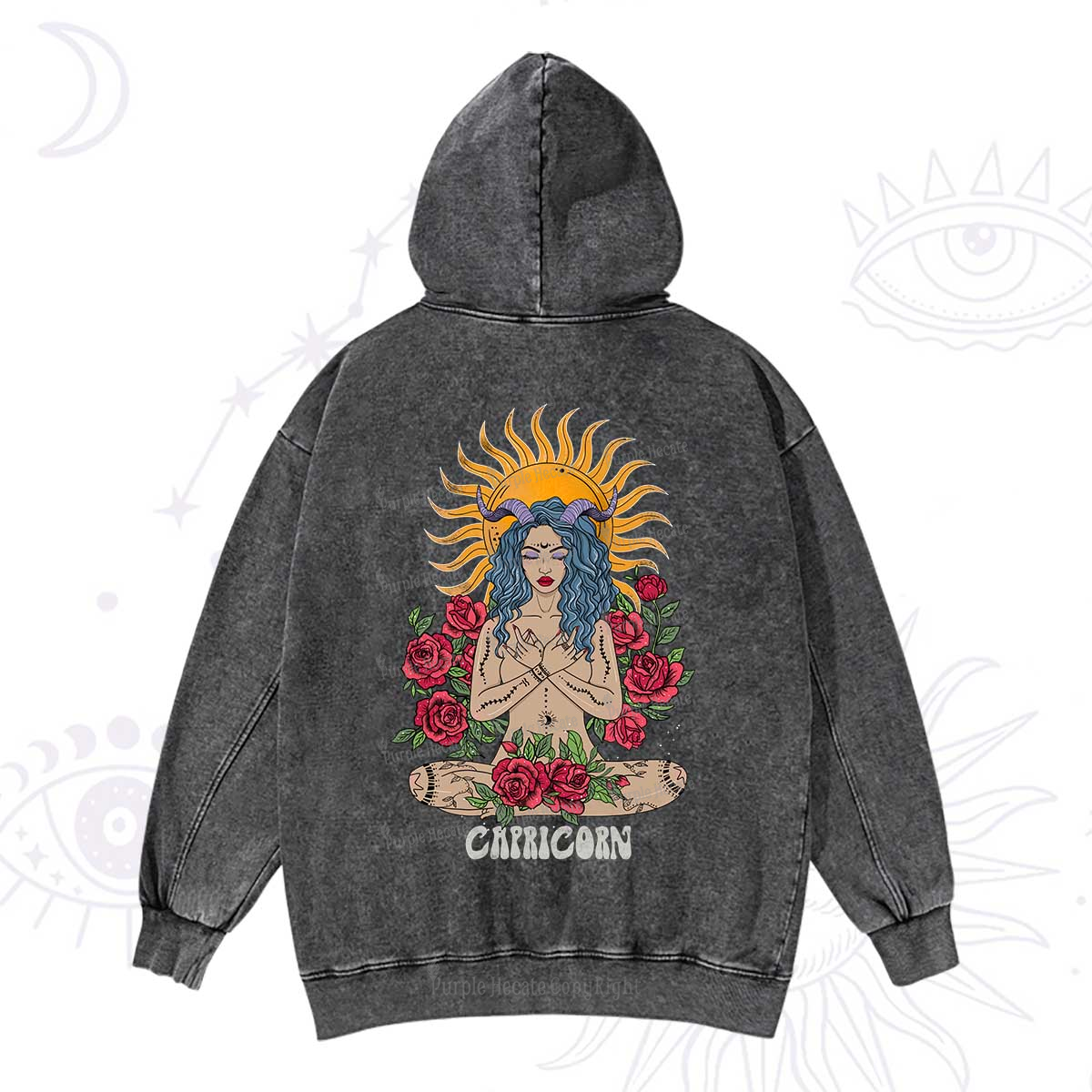 Purplehecate Sun Guardian Of Capricorn Zodiac Washed Hoodie