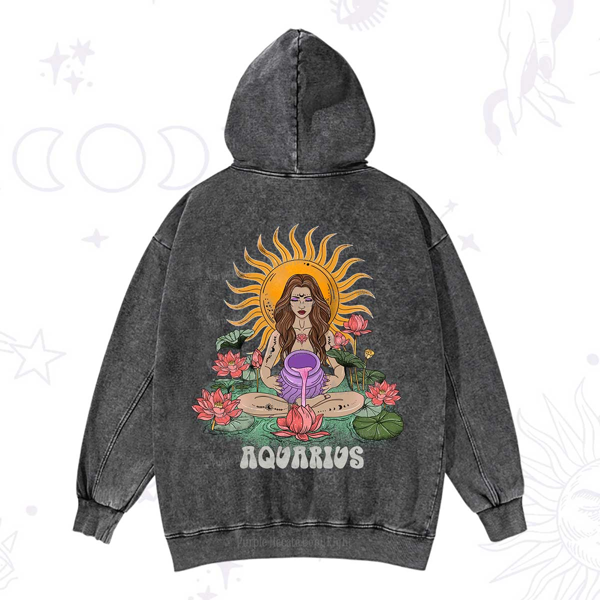 Purplehecate Sun Guardian Of Aquarius Zodiac Washed Hoodie