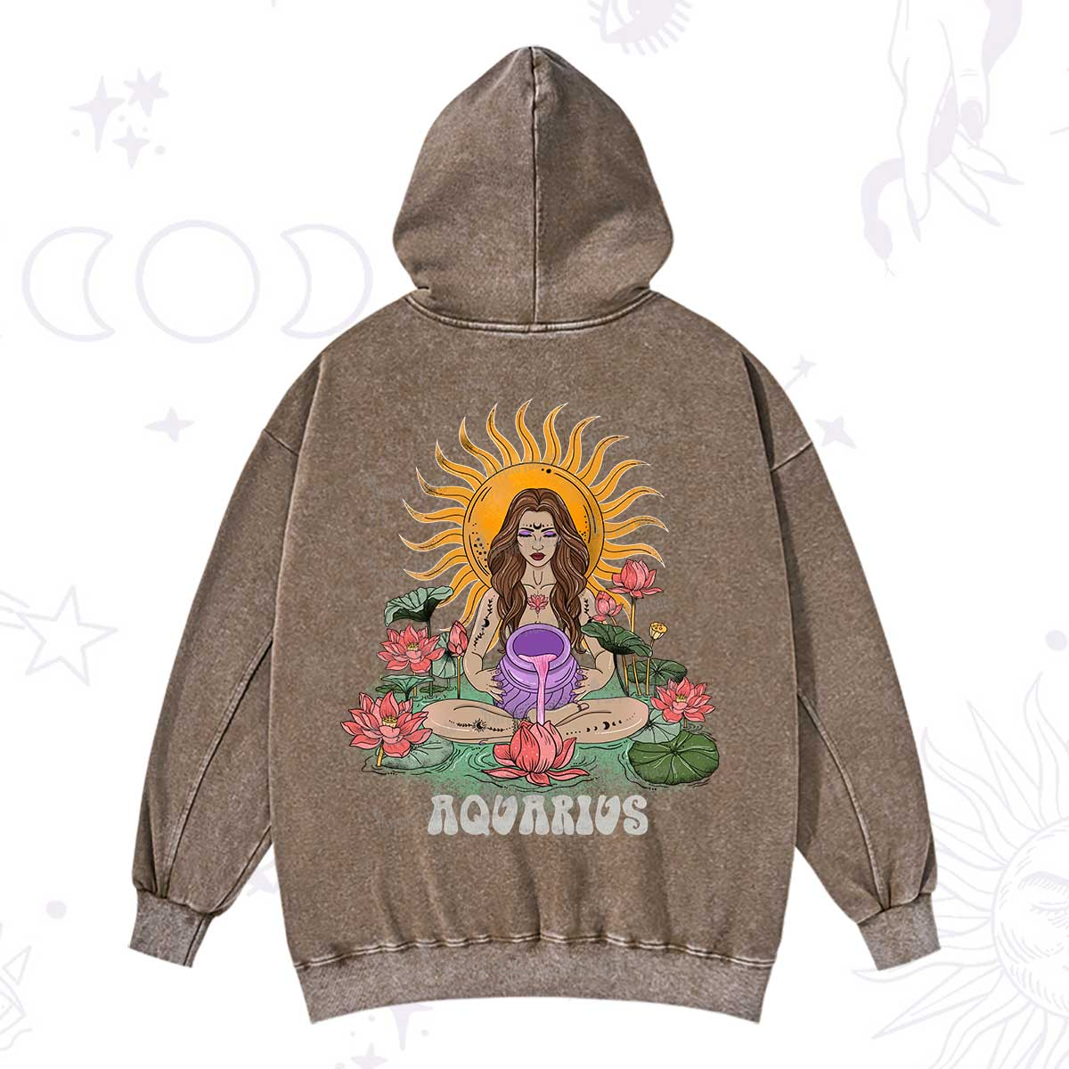 Purplehecate Sun Guardian Of Aquarius Zodiac Washed Hoodie
