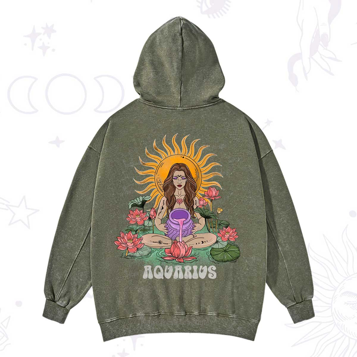Purplehecate Sun Guardian Of Aquarius Zodiac Washed Hoodie