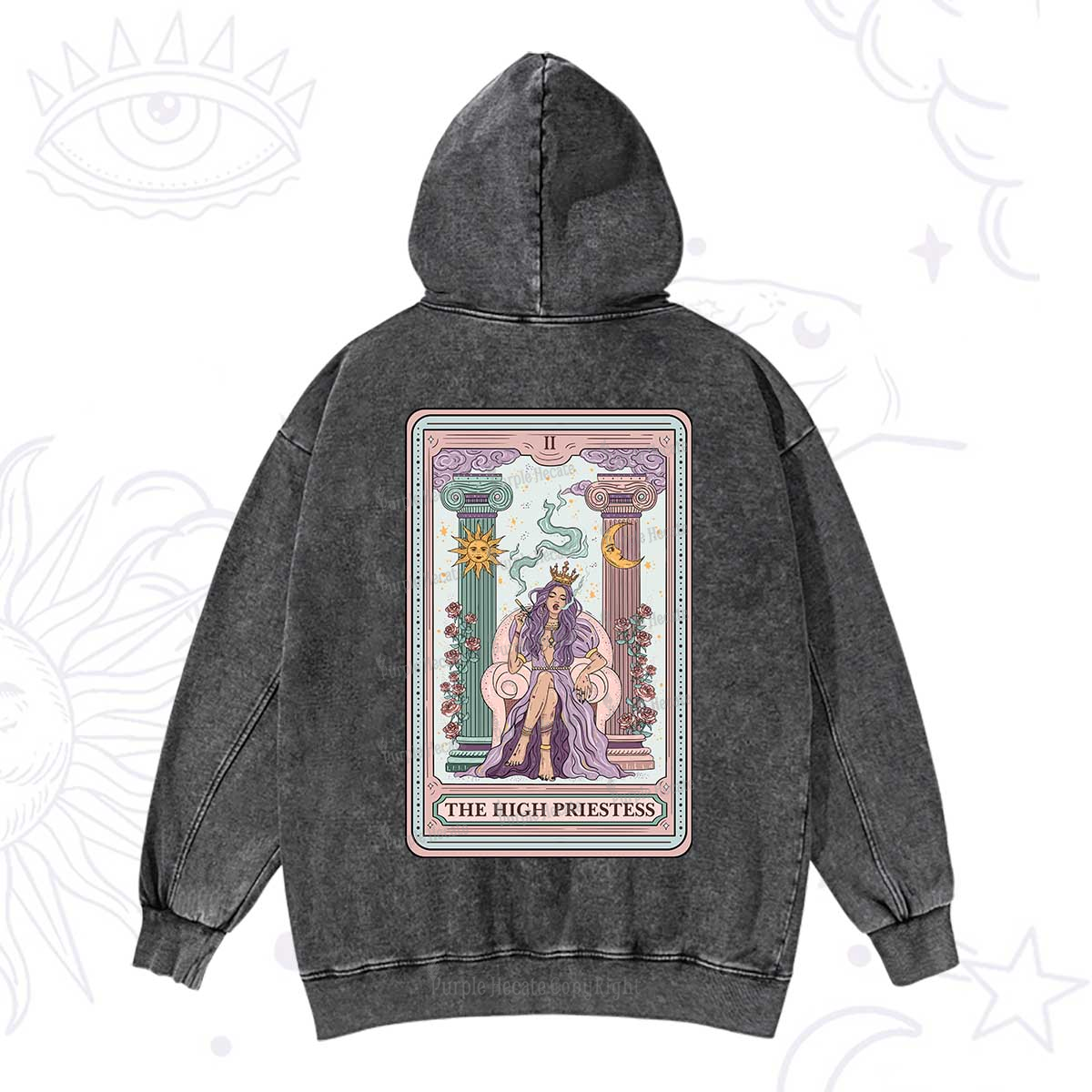 Purplehecate The High Priestess Tarot Card Washed Hoodie