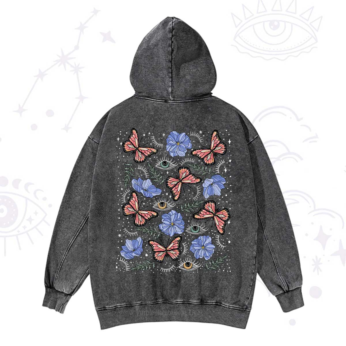 Purplehecate Butterfly Floral Washed Hoodie