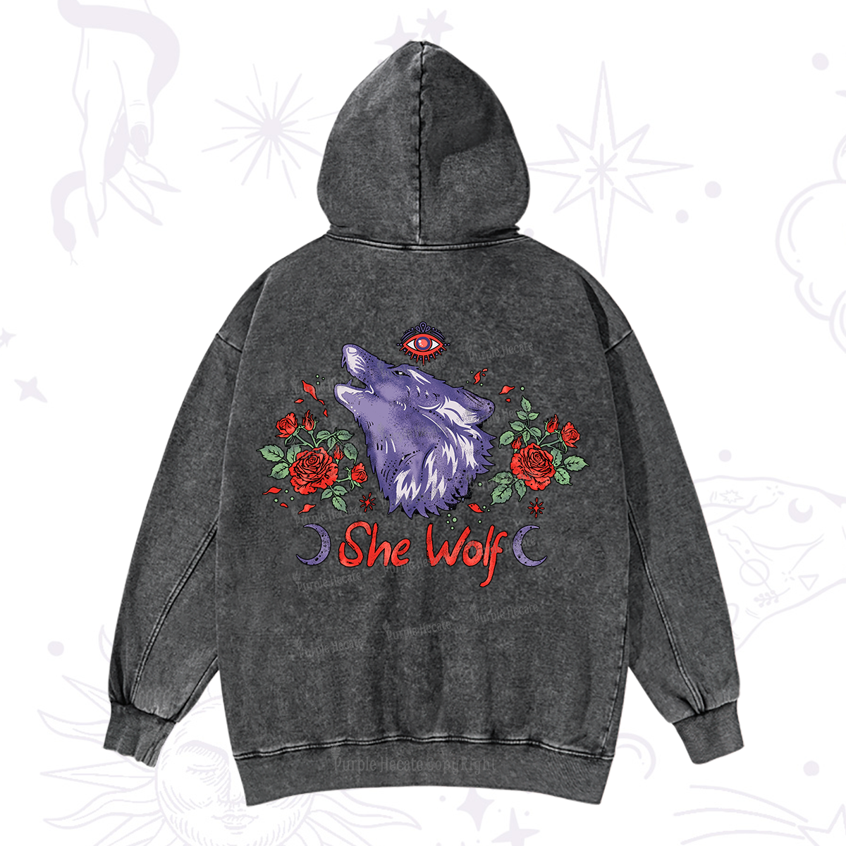 Purplehecate Moon Wolf Washed Hoodie