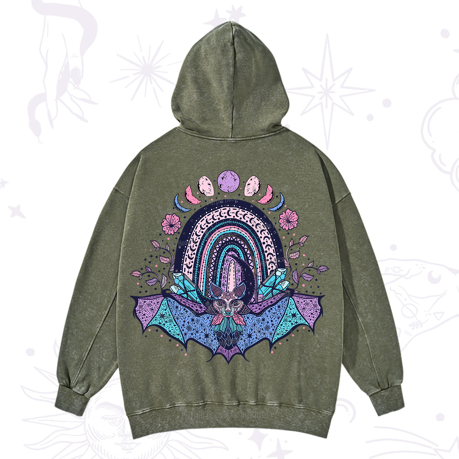 Purplehecate Moon Phase Bat Washed Hoodie