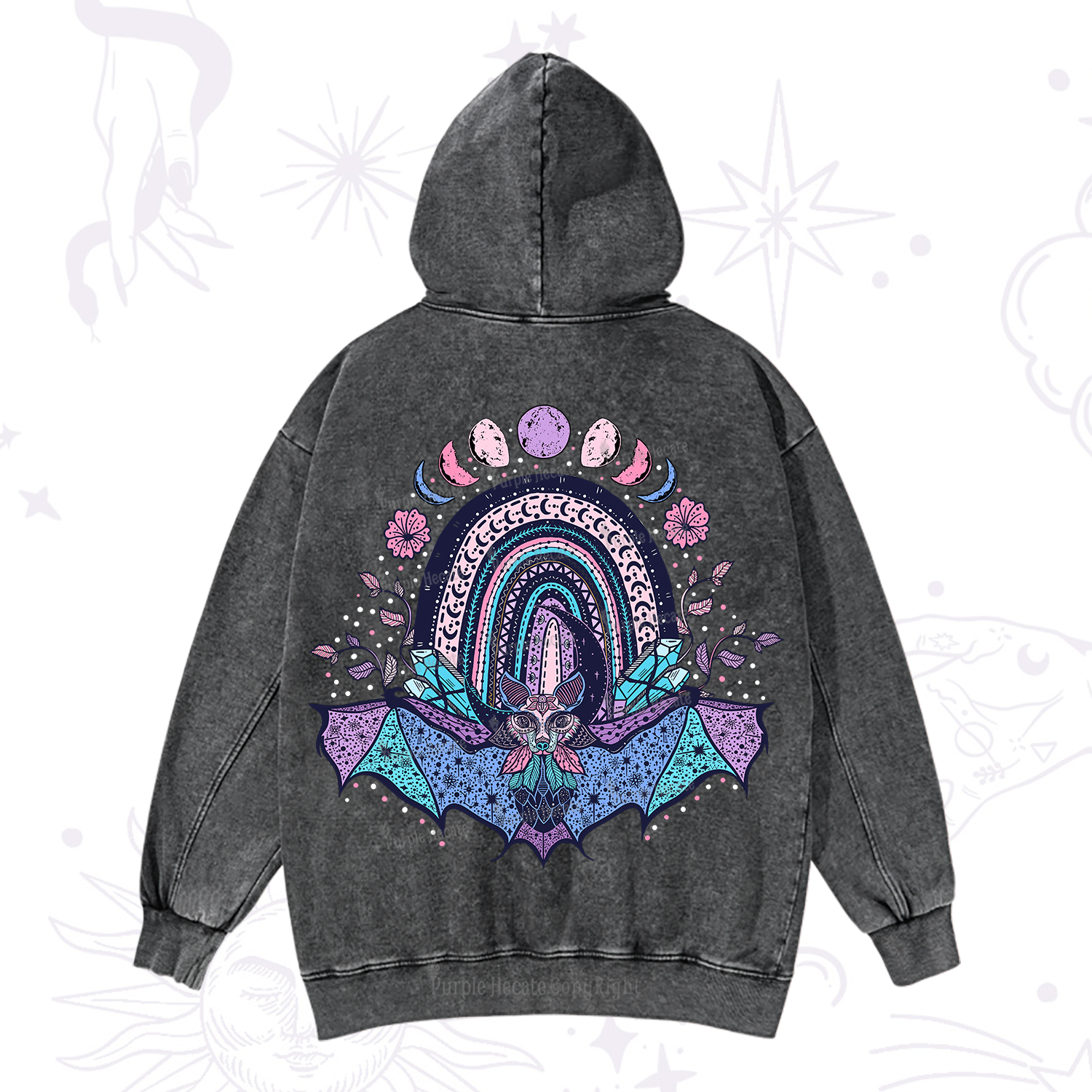 Purplehecate Moon Phase Bat Washed Hoodie