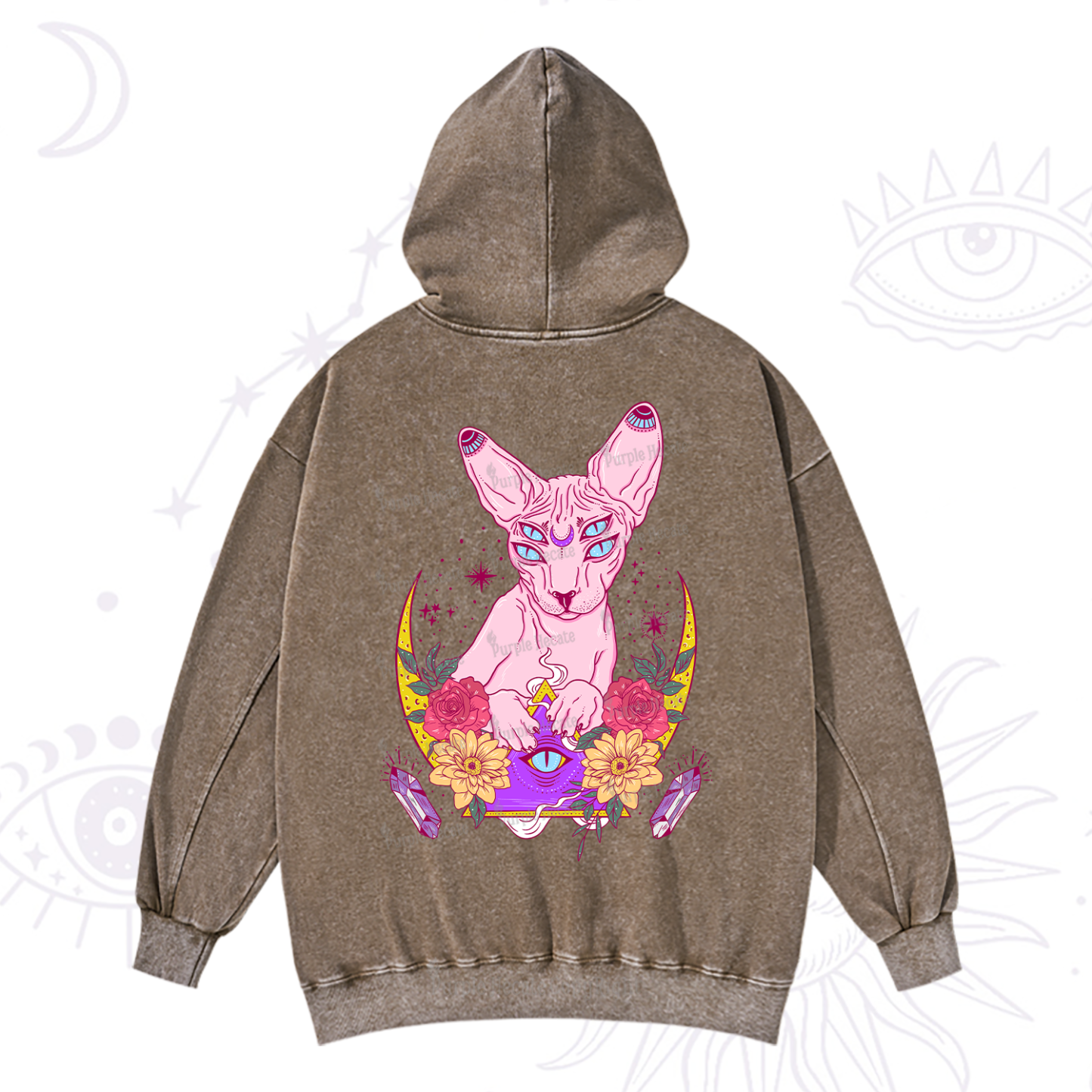 Purplehecate Moon Phase Cat Washed Hoodie