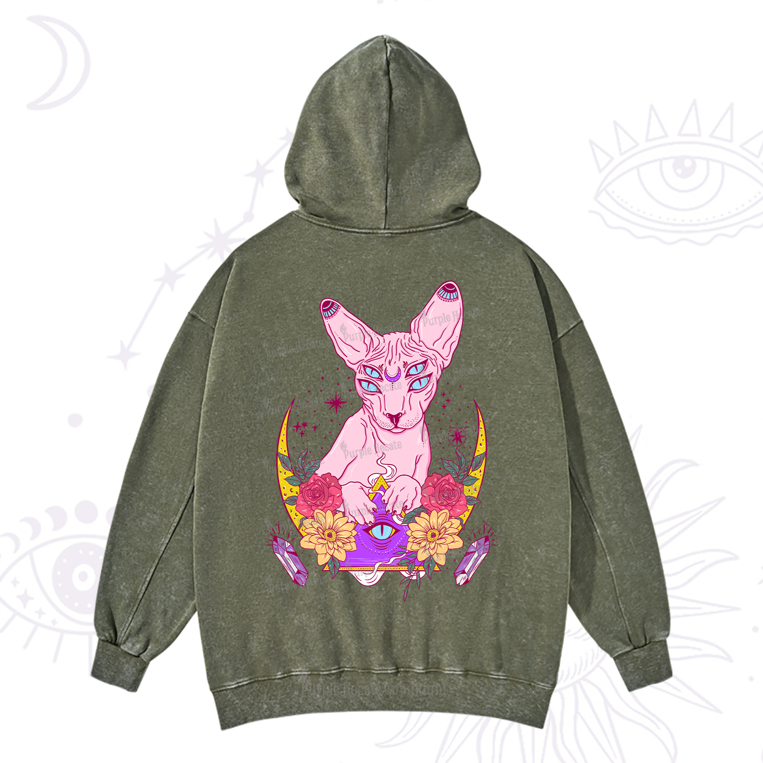 Purplehecate Moon Phase Cat Washed Hoodie