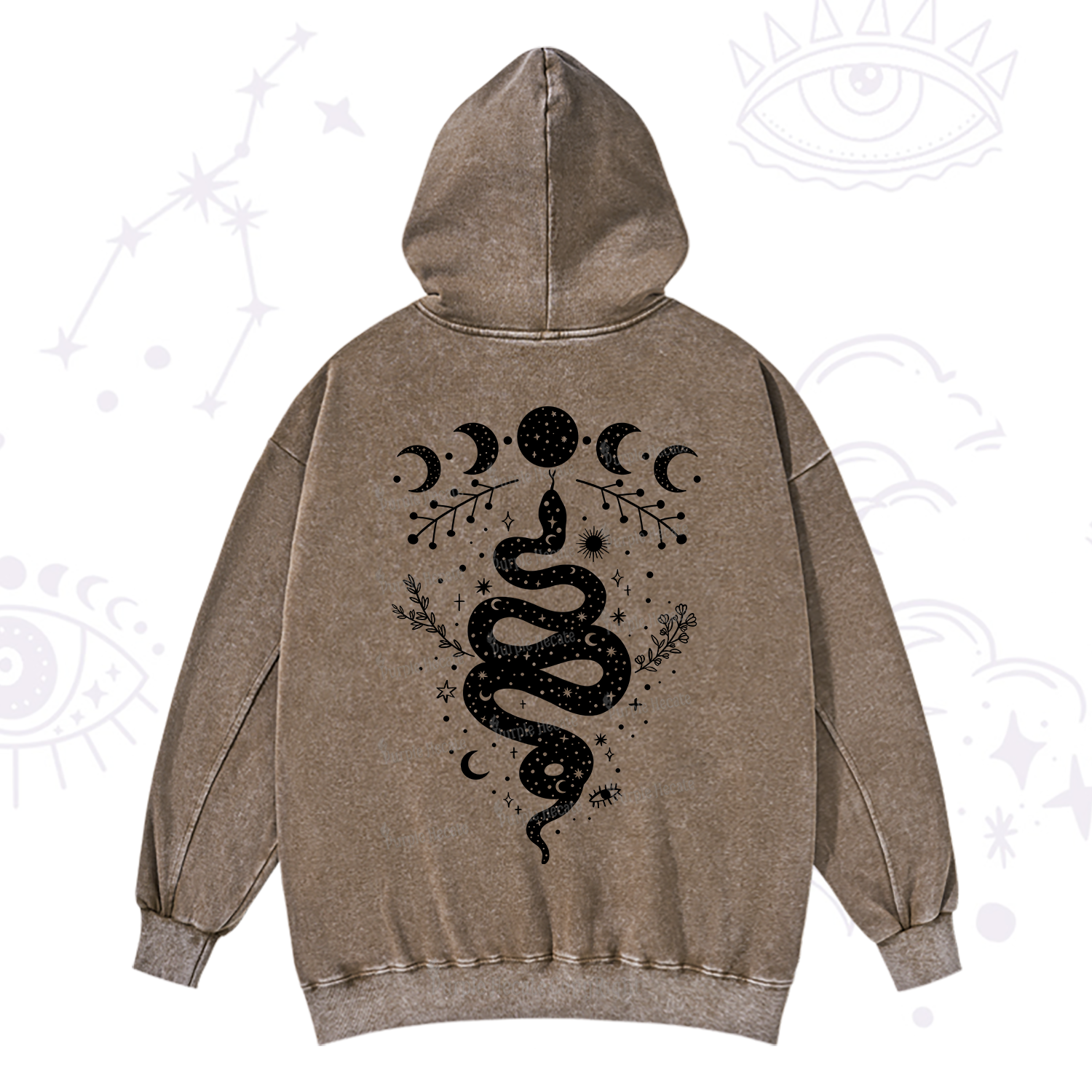 Purplehecate Snake And Moon Phase Comfort Washed Hoodie