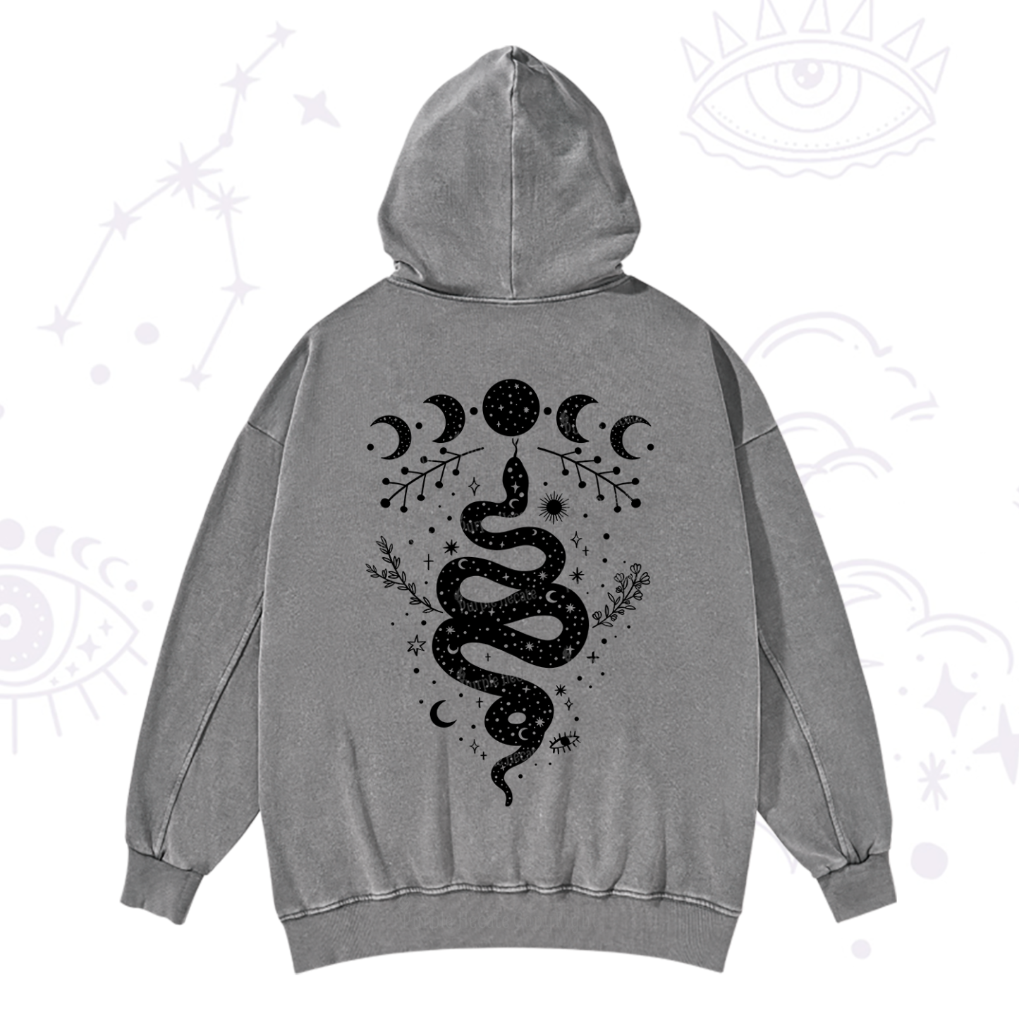 Purplehecate Snake And Moon Phase Comfort Washed Hoodie
