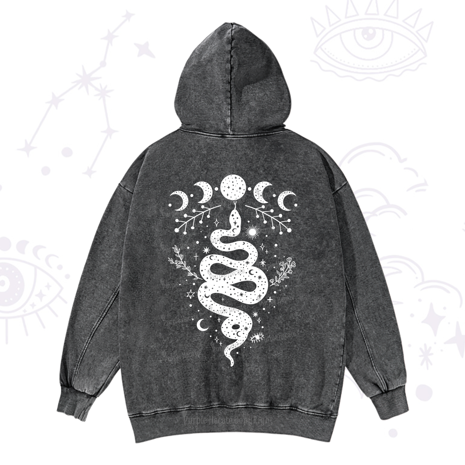 Purplehecate Snake And Moon Phase Comfort Washed Hoodie