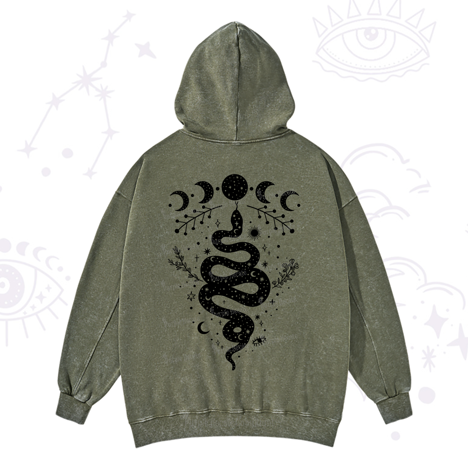 Purplehecate Snake And Moon Phase Comfort Washed Hoodie