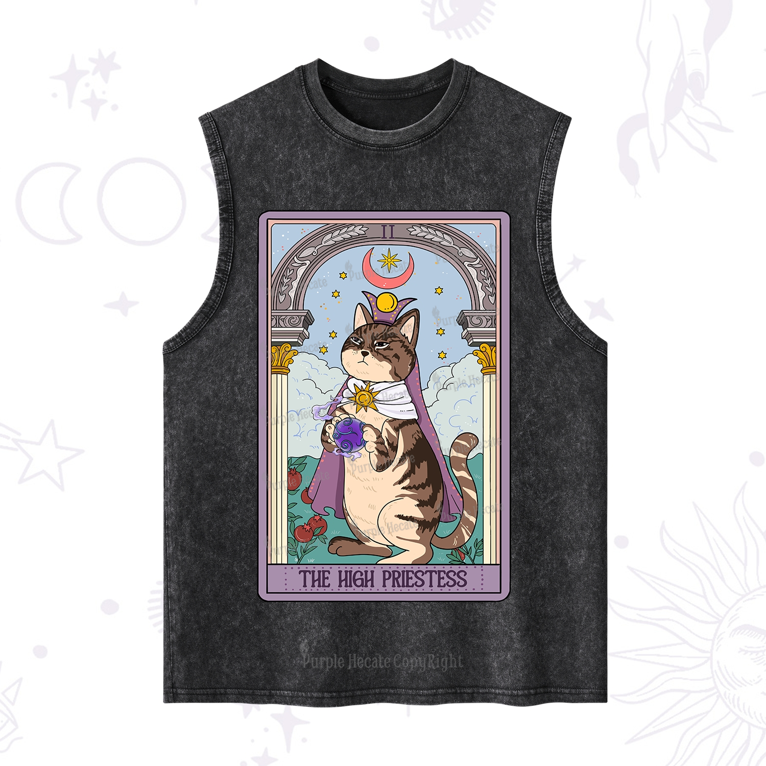 Purplehecate The High Priestess Cat Tarot Washed Tank