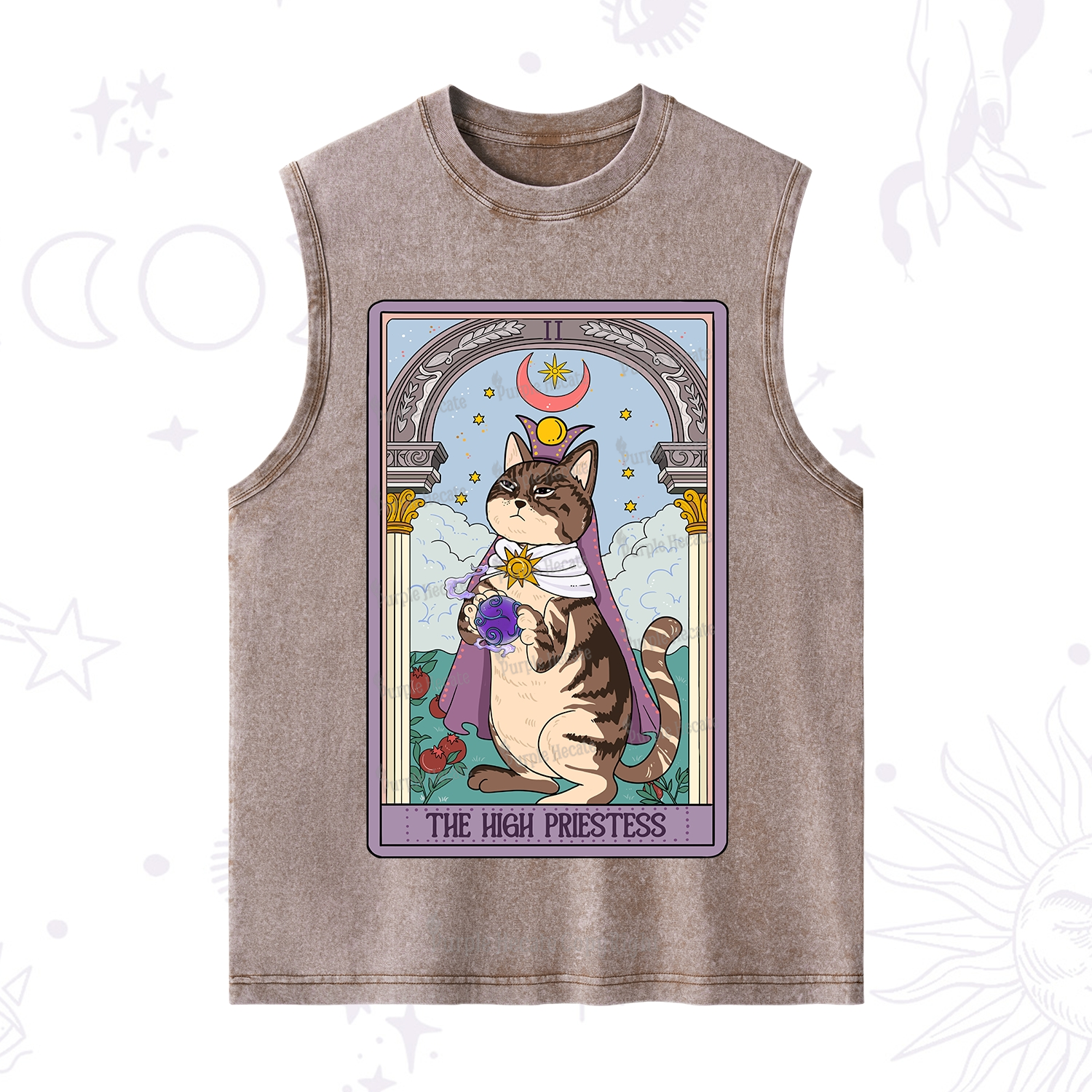 Purplehecate The High Priestess Cat Tarot Washed Tank