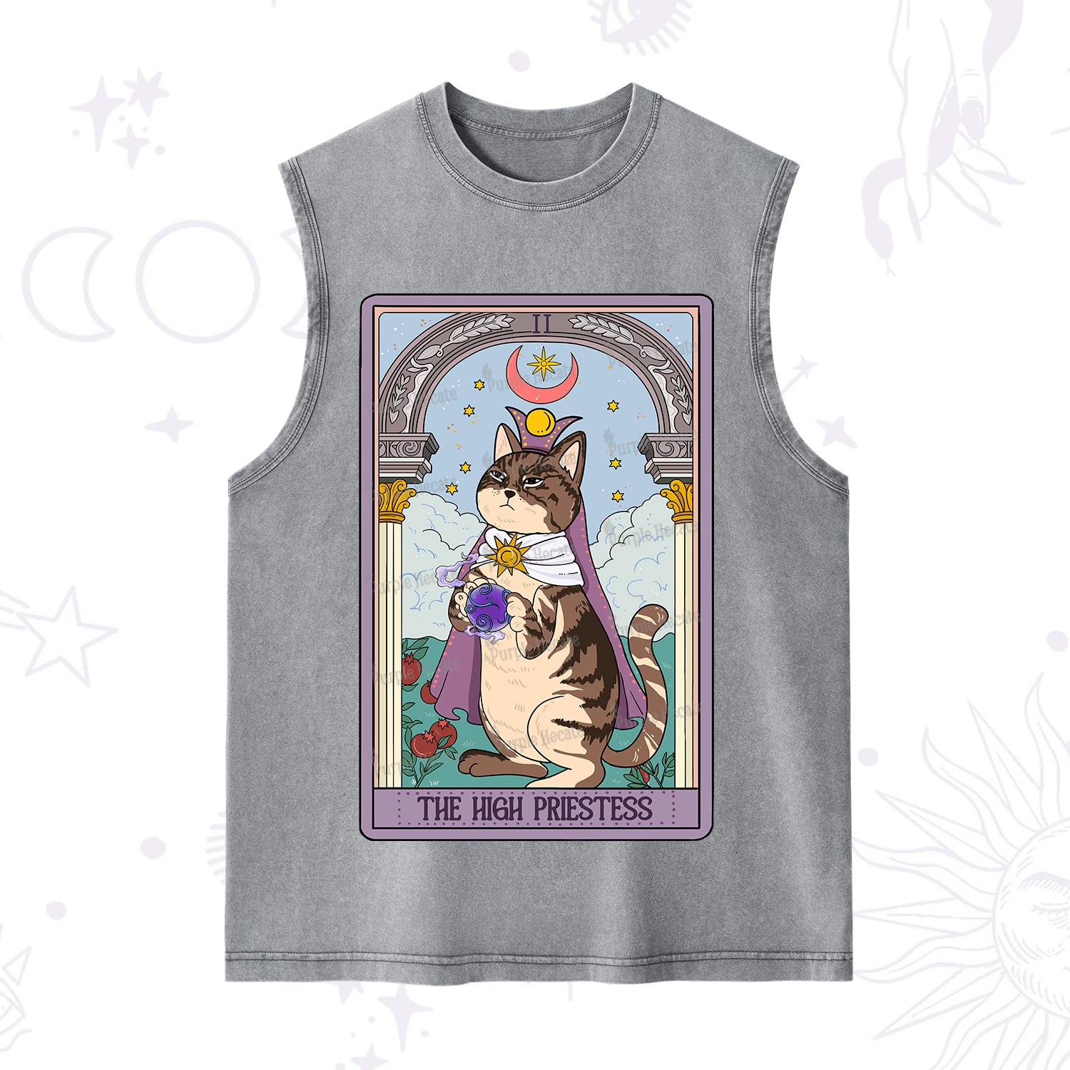 Purplehecate The High Priestess Cat Tarot Washed Tank