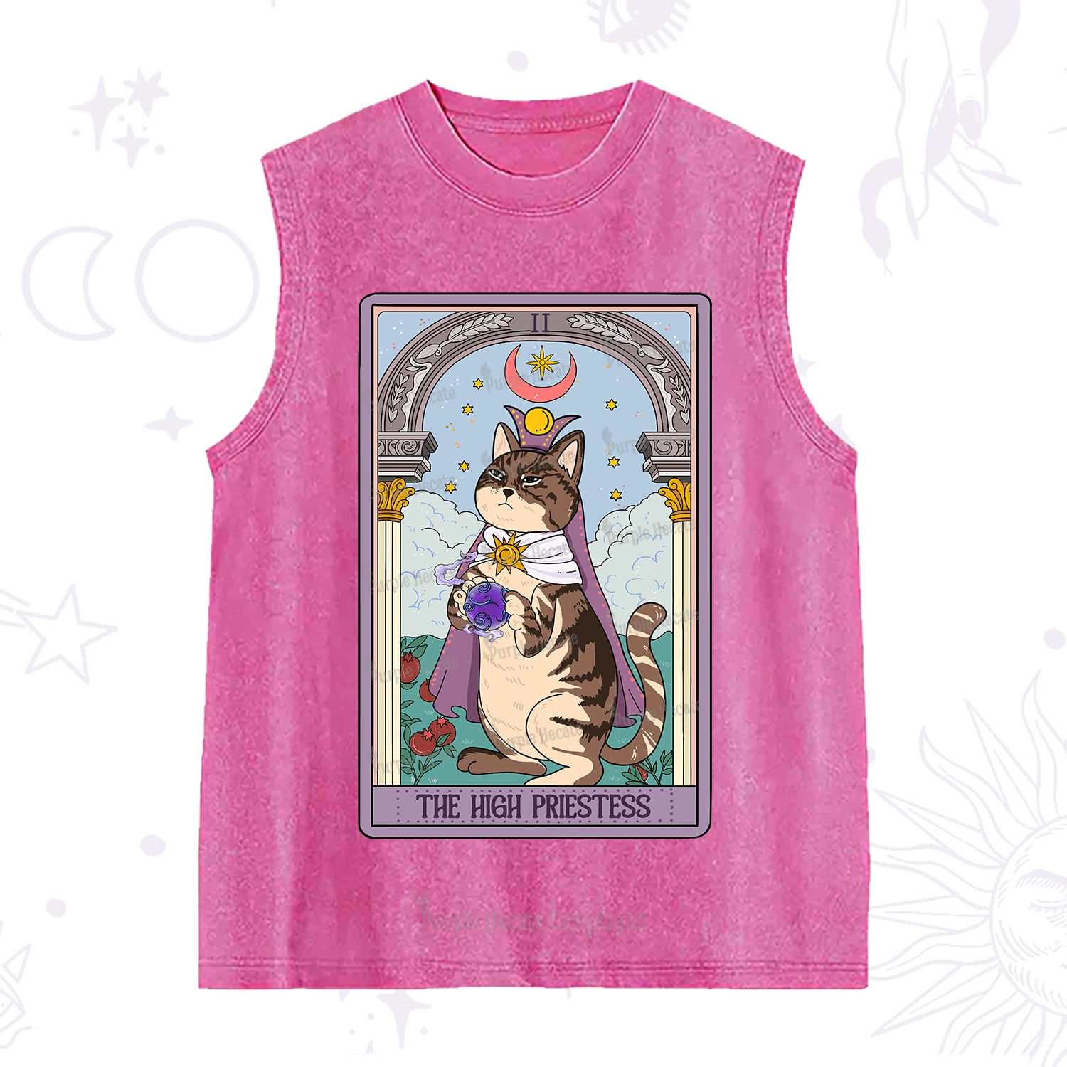 Purplehecate The High Priestess Cat Tarot Washed Tank