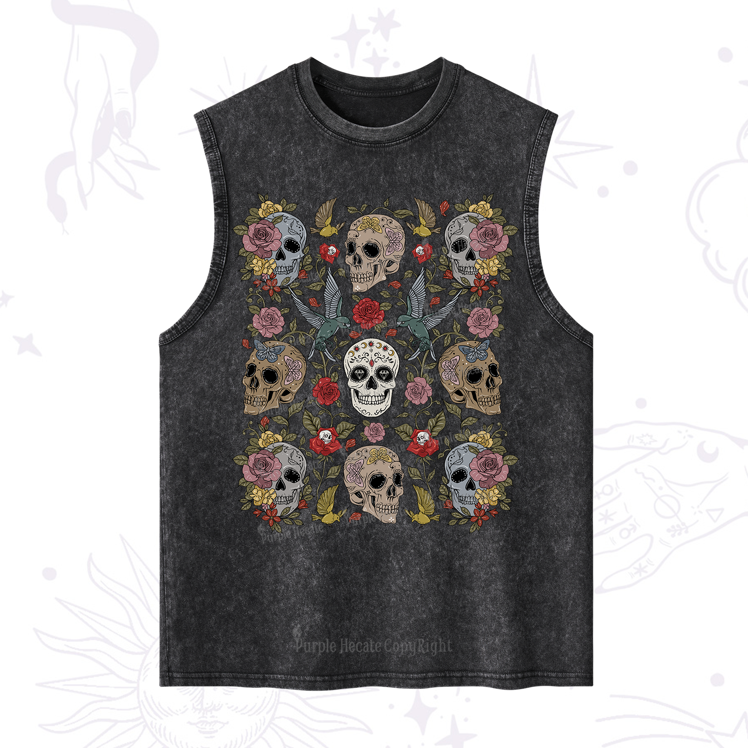Purplehecate Skull Floral Washed Tank