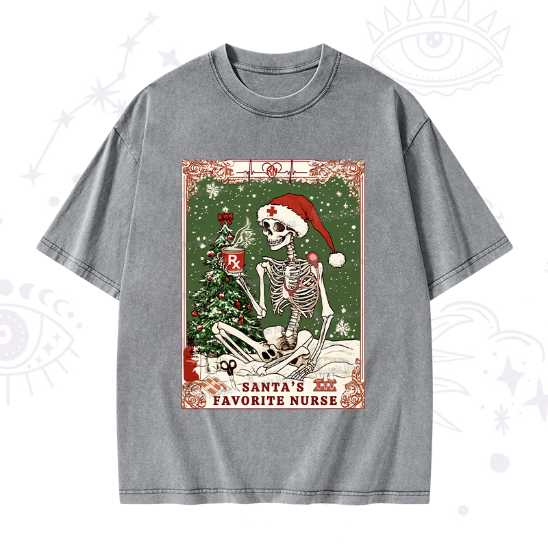 Purplehecate Christmas Santa's Favorite Nurse Tarot Washed T-Shirt