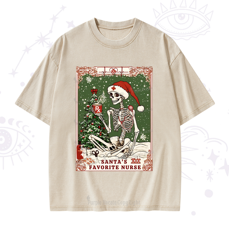 Purplehecate Christmas Santa's Favorite Nurse Tarot Washed T-Shirt