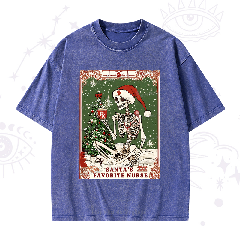 Purplehecate Christmas Santa's Favorite Nurse Tarot Washed T-Shirt