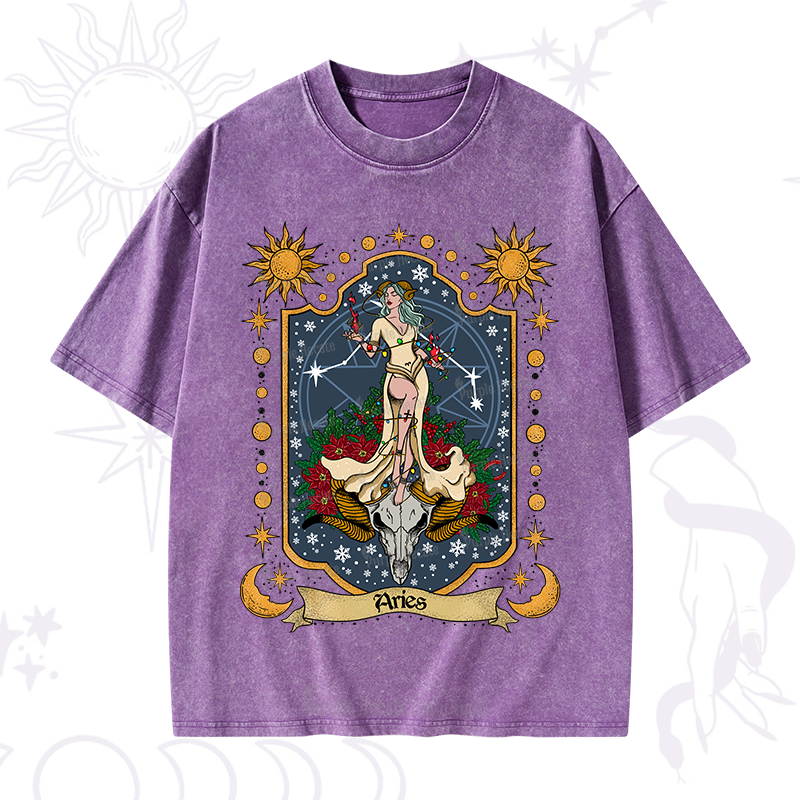Purplehecate Christmas Aries Zodiac Washed T-Shirt