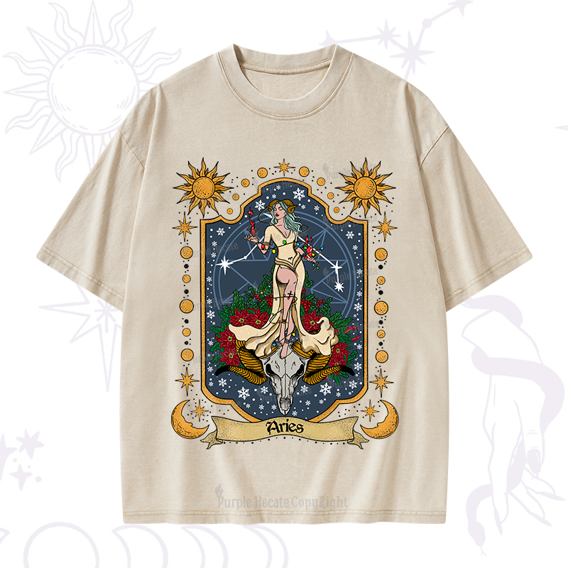 Purplehecate Christmas Aries Zodiac Washed T-Shirt