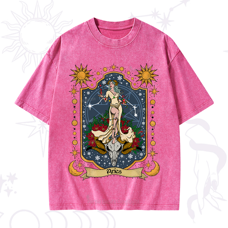 Purplehecate Christmas Aries Zodiac Washed T-Shirt