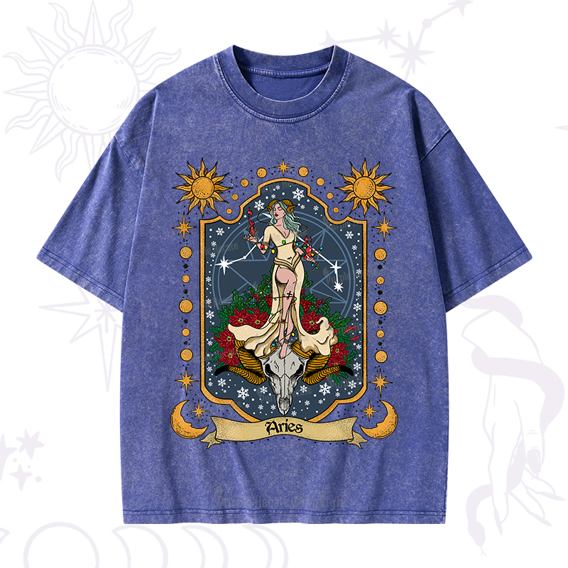 Purplehecate Christmas Aries Zodiac Washed T-Shirt