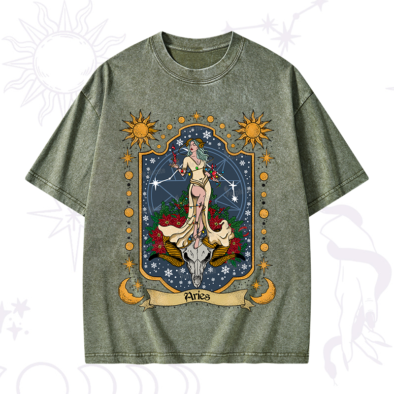 Purplehecate Christmas Aries Zodiac Washed T-Shirt