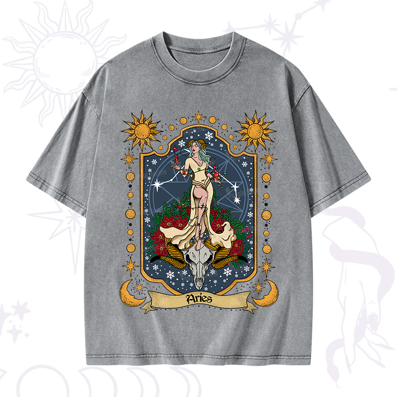 Purplehecate Christmas Aries Zodiac Washed T-Shirt
