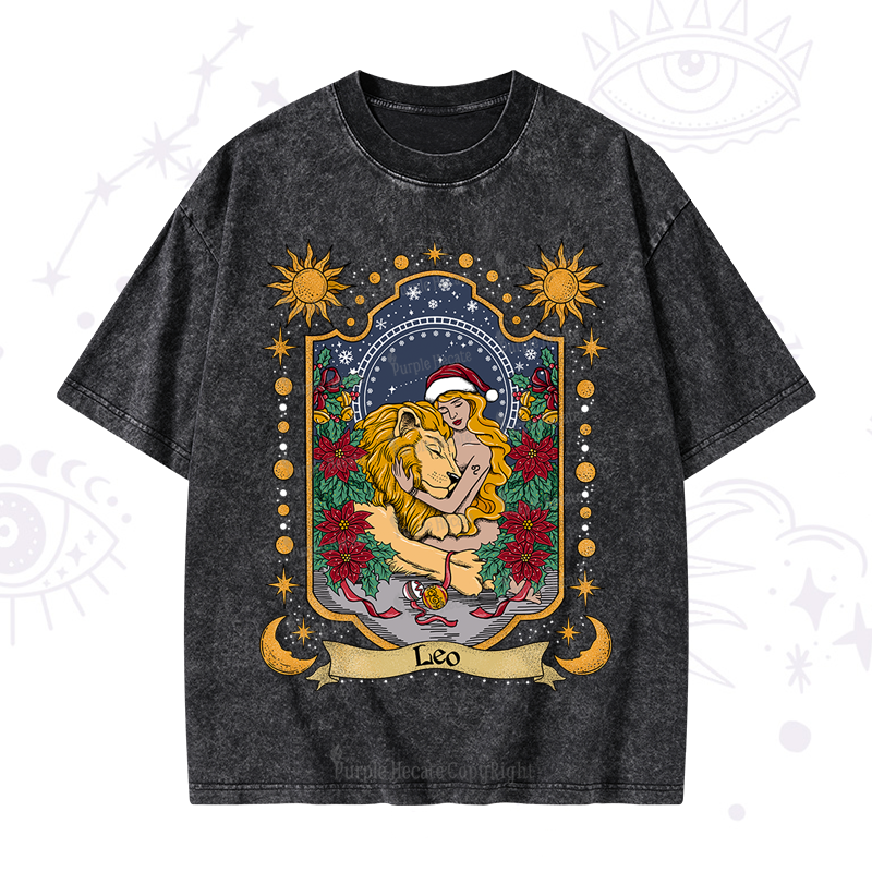 Purplehecate Christmas Leo Zodiac Washed T-Shirt