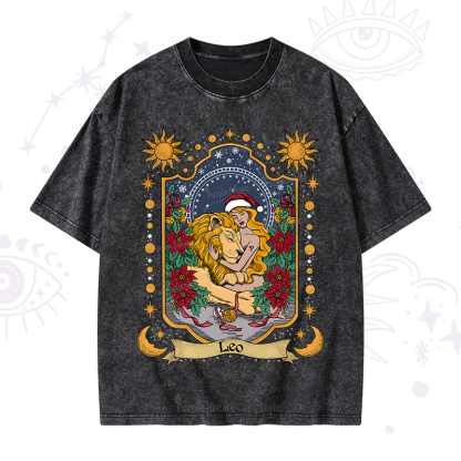Purplehecate Christmas Leo Zodiac Washed T-Shirt