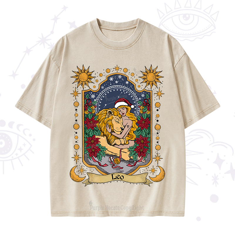 Purplehecate Christmas Leo Zodiac Washed T-Shirt