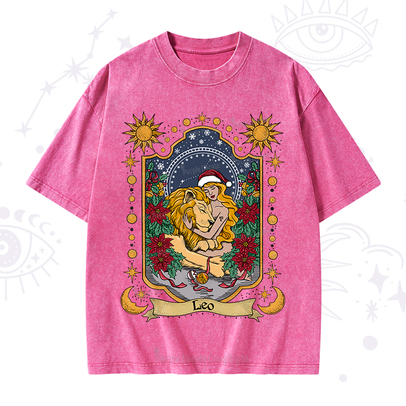 Purplehecate Christmas Leo Zodiac Washed T-Shirt