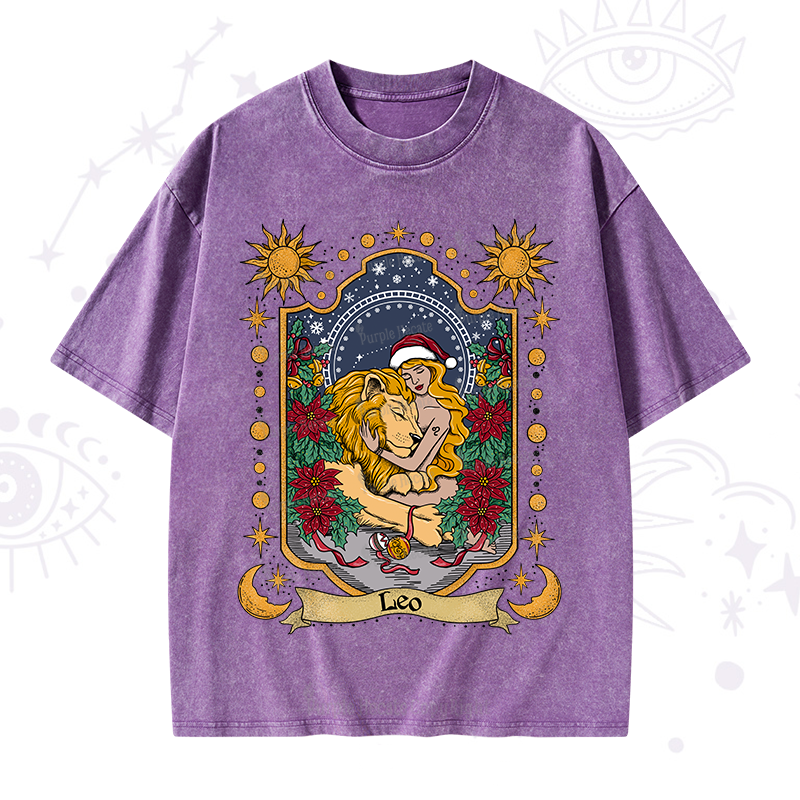 Purplehecate Christmas Leo Zodiac Washed T-Shirt