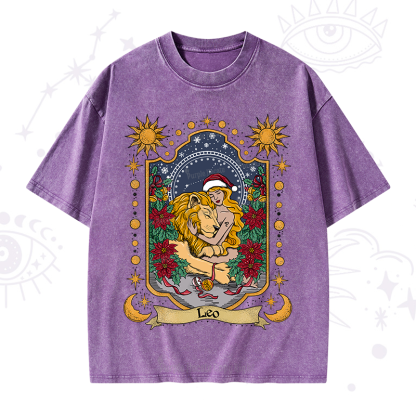 Purplehecate Christmas Leo Zodiac Washed T-Shirt