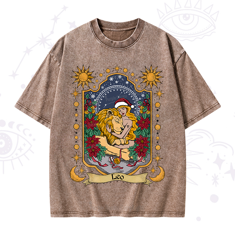 Purplehecate Christmas Leo Zodiac Washed T-Shirt