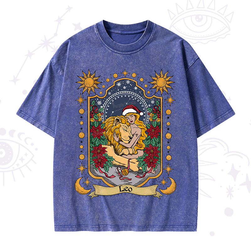 Purplehecate Christmas Leo Zodiac Washed T-Shirt