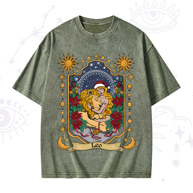 Purplehecate Christmas Leo Zodiac Washed T-Shirt