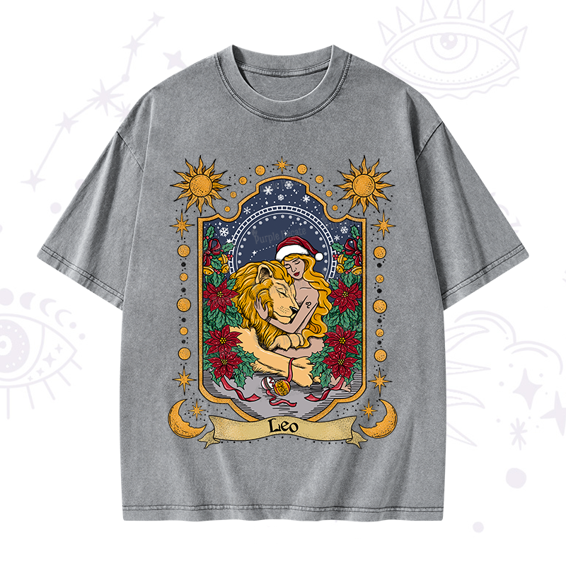 Purplehecate Christmas Leo Zodiac Washed T-Shirt
