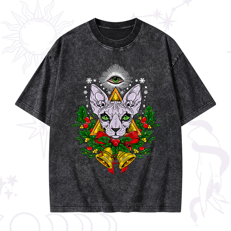 Purplehecate Christmas Mystical Cat Washed T-Shirt