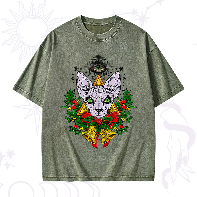 Purplehecate Christmas Mystical Cat Washed T-Shirt