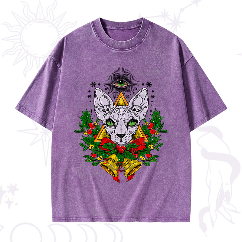 Purplehecate Christmas Mystical Cat Washed T-Shirt