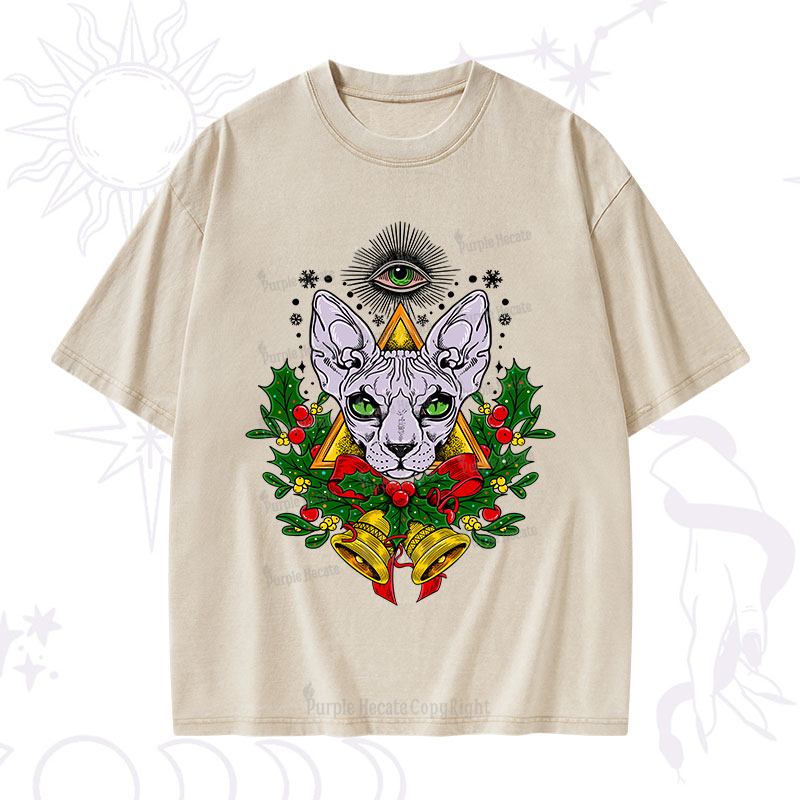Purplehecate Christmas Mystical Cat Washed T-Shirt