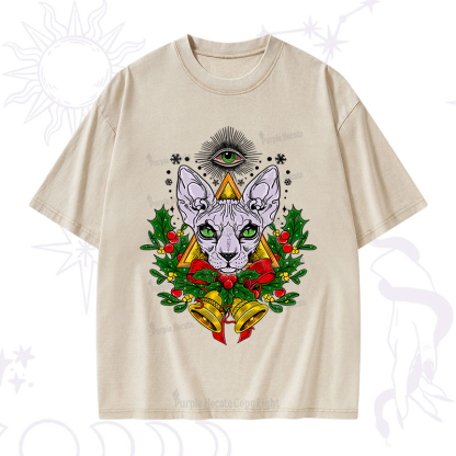 Purplehecate Christmas Mystical Cat Washed T-Shirt