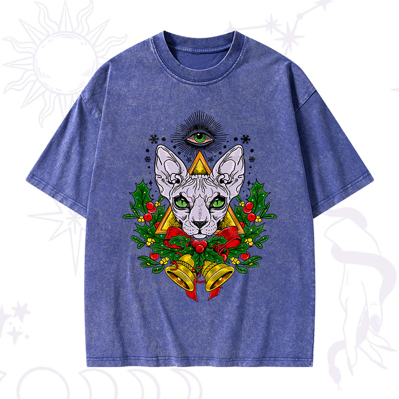 Purplehecate Christmas Mystical Cat Washed T-Shirt