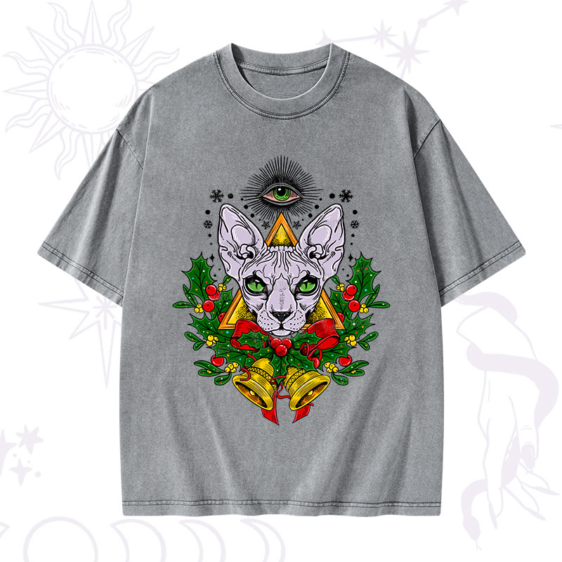 Purplehecate Christmas Mystical Cat Washed T-Shirt
