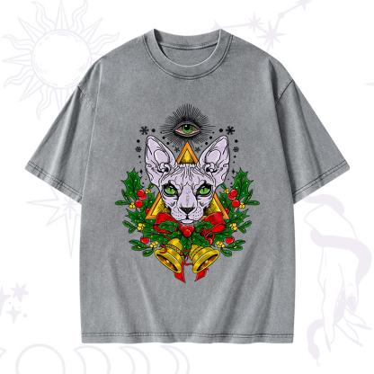 Purplehecate Christmas Mystical Cat Washed T-Shirt