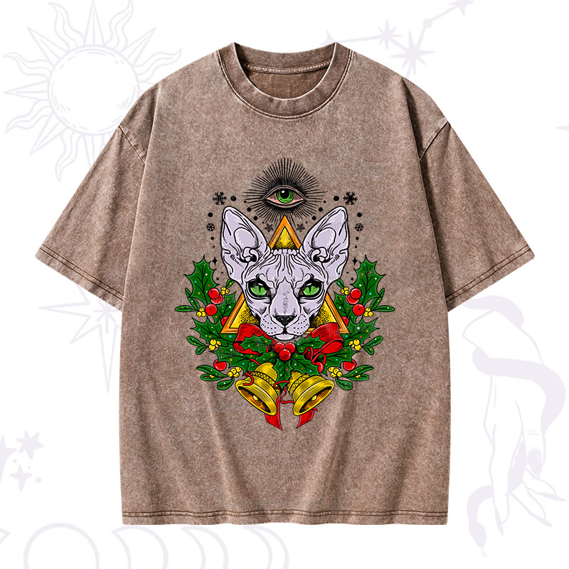 Purplehecate Christmas Mystical Cat Washed T-Shirt