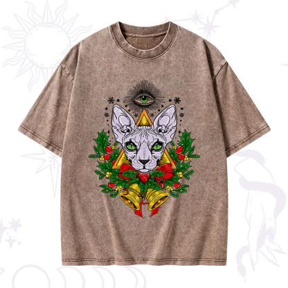 Purplehecate Christmas Mystical Cat Washed T-Shirt