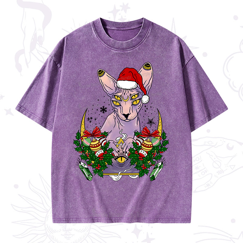 Purplehecate Christmas Moon Phase Cat Washed T-Shirt